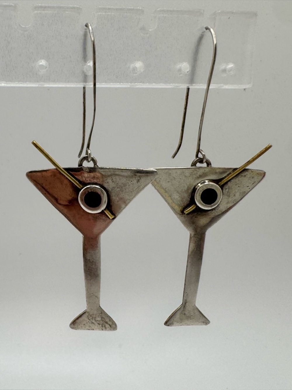 Vintage Anne Harvey 925 Martini Dangle Earrings w/ Green Olive and Gold Accents